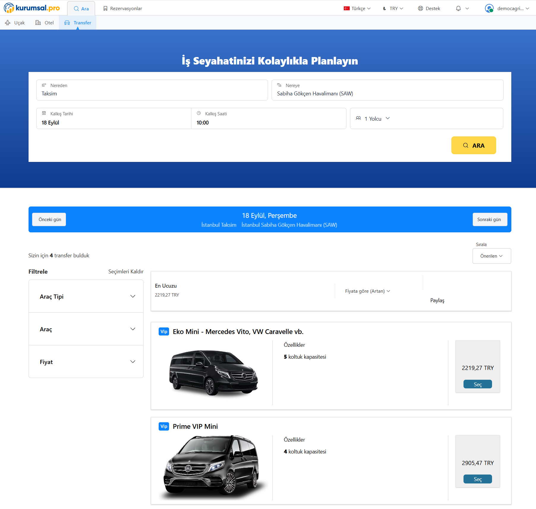 Transfer Arama Ekranı