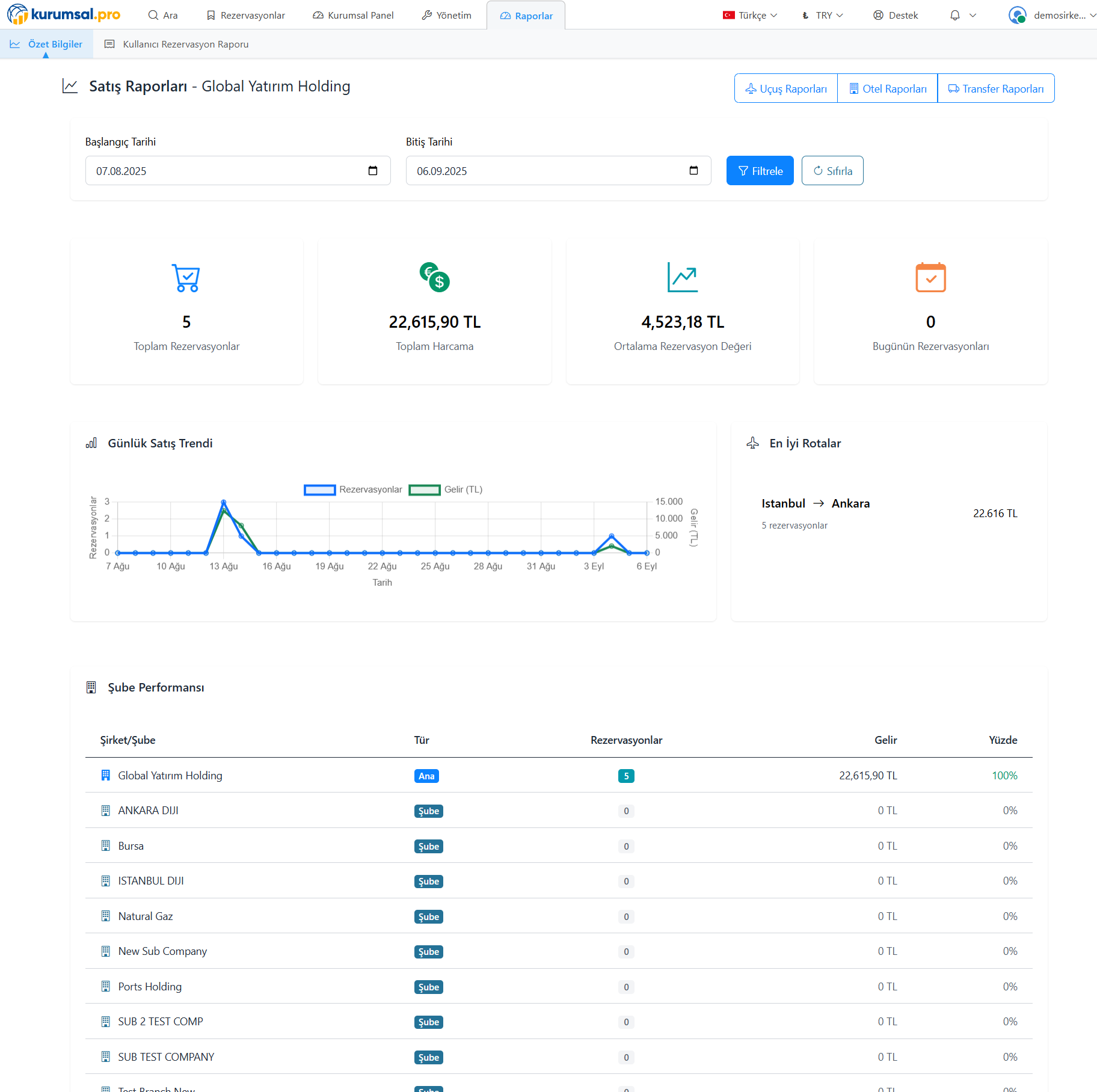Raporlama Dashboard - Ana Ekran