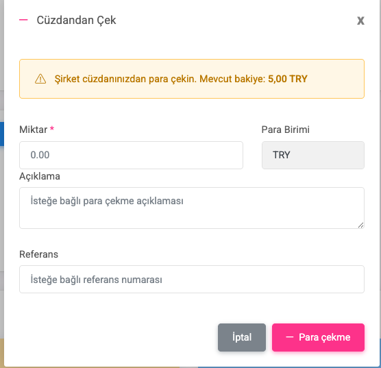 Para Çekme Modal